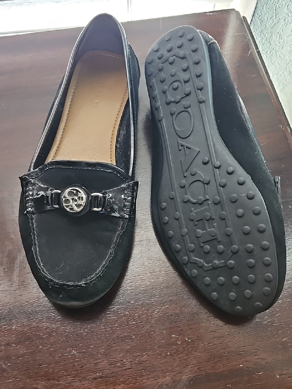Coach Black Suede Loafers with Patent Trim and Logo Accent
